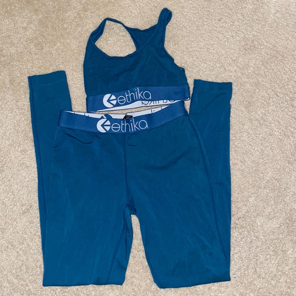 Ethika two piece turquoise athletic set.